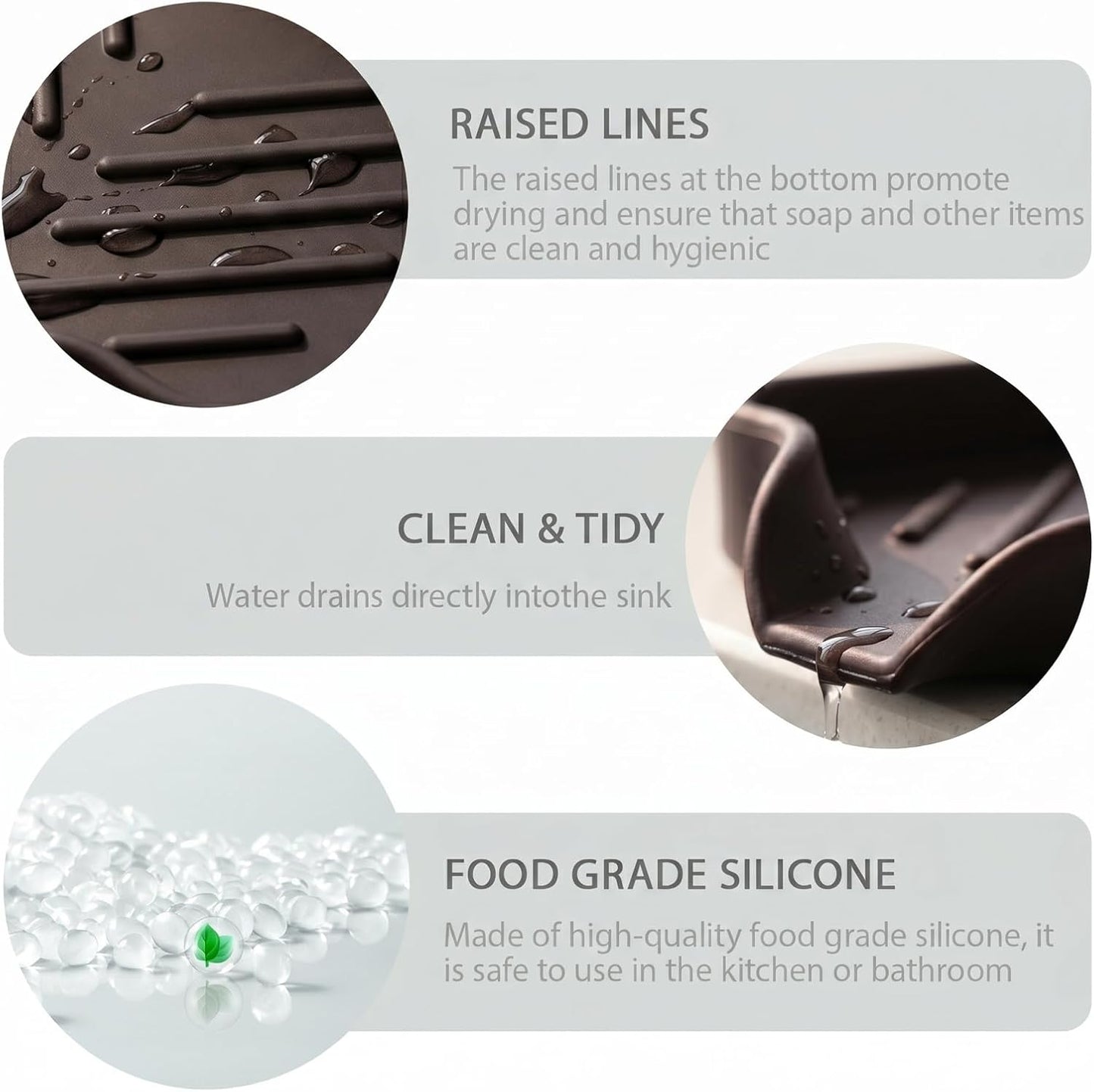 MicoYang Silicone Bathroom Soap Dishes with Drain Spout-Bathroom and Kitchen Sink Organizer,Sponge Holder,Dish Soap Tray,Perfect for Dispenser,Scrubber,Bottle,Cup on Sink or Counter-Black 4.9"×3.2"
