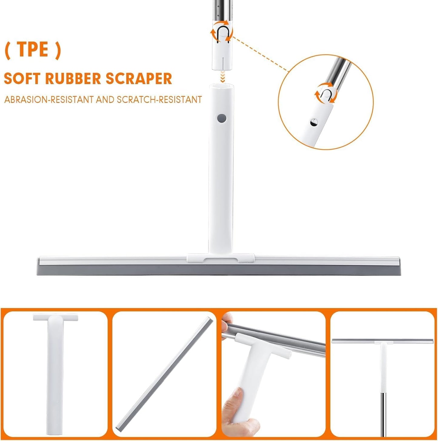 Rubber Floor Squeegee for Smooth Surface Concrete Floor, Tile Floor, Heavy Duty Garage Shower Floor Squeegee Broom for Removing Water, Commercial Scrubber Mop with Adjustable Long Handle