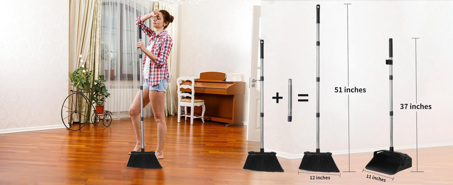 Tiumso Upgrade Broom and Dustpan Set, Broom with Dustpan Combo Sets, Large Brooms and Dust Pan with Handle, Self-Cleaning Dust Pans, Heavy Duty Broom and Dustpans Set for Lobby Kitchen Office - Green