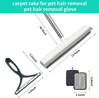 Carpet Rake for Pet Hair Removal, 30-51" Adjustable Stainless Steel Handle Rubber Broom with Squeegee, Reusable Cat & Dog Hair Remover Tool Set for Rugs, Hardwood Floors, Mats, Couch, Car