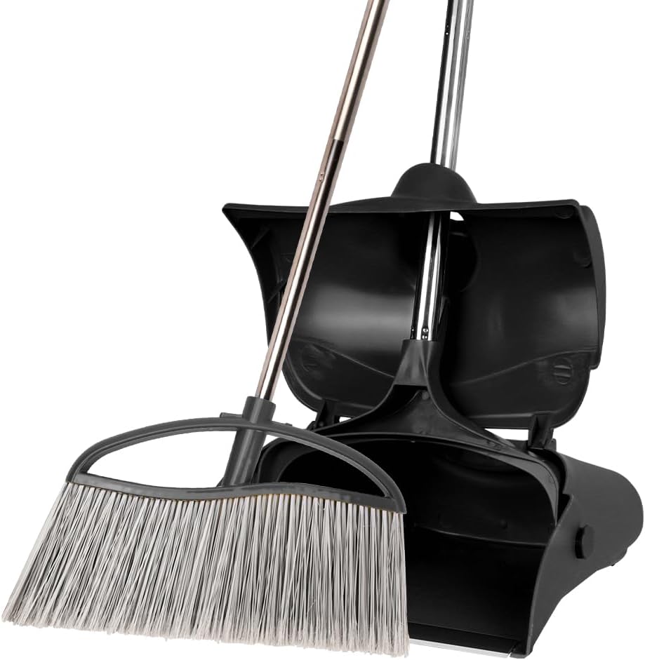Long Handle Heavy Duty Broom and Dustpan Set, Outdoor and Commercial Upright Dustpan and Brush for Restaurant Garage Garden Yard Office, Yellow