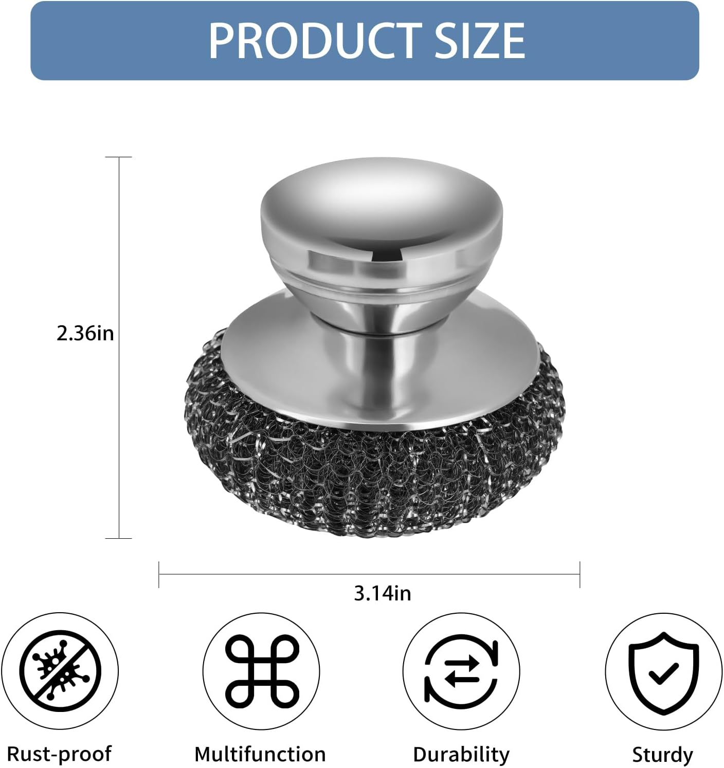 Onewly 4Pcs Steel Wool Scrubber Set, Stainless Steel Scrubber with Stainless Steel Handle, for Cleaning Dishes, Cast Iron, Stock Pots, Pans, Griddles, Grills
