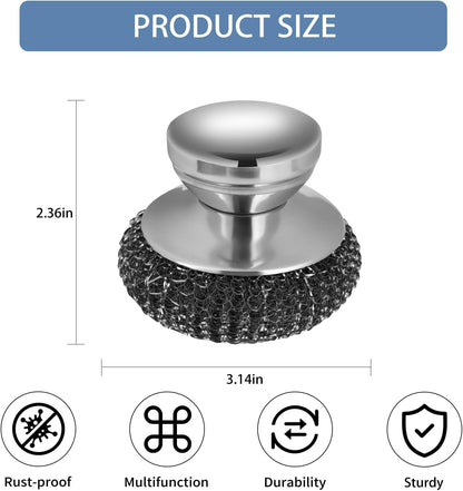 Onewly 4Pcs Steel Wool Scrubber Set, Stainless Steel Scrubber with Stainless Steel Handle, for Cleaning Dishes, Cast Iron, Stock Pots, Pans, Griddles, Grills