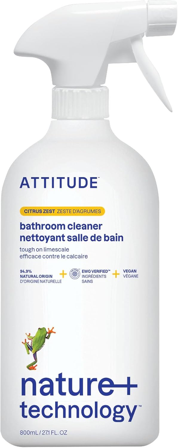 ATTITUDE Bathroom Cleaner Spray, Natural Origin Ingredients, EWG Verified, Eliminates Soap Scum, Limescale, Streak Free, Lemon & Rosewood, 26 Fl Oz