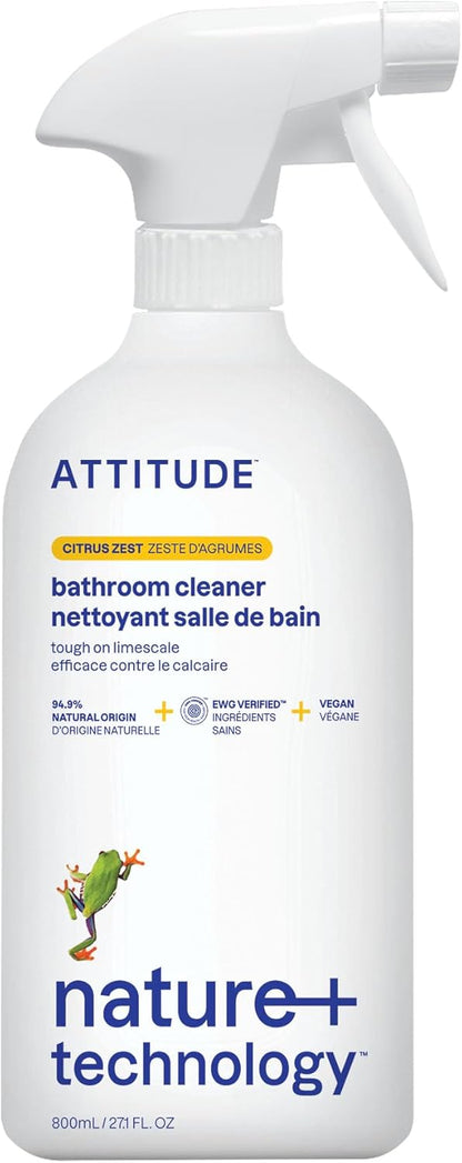ATTITUDE Bathroom Cleaner Spray, Natural Origin Ingredients, EWG Verified, Eliminates Soap Scum, Limescale, Streak Free, Lemon & Rosewood, 26 Fl Oz