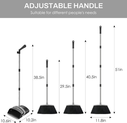 Broom and Dustpan Set for Home, 51-in Long Adjustable Handle Angle Broom and Dustpan Combo Set with Dust Pan Teeth to Clean Hair for Home Kitchen Office Lobby Floor Garden (Black&White)