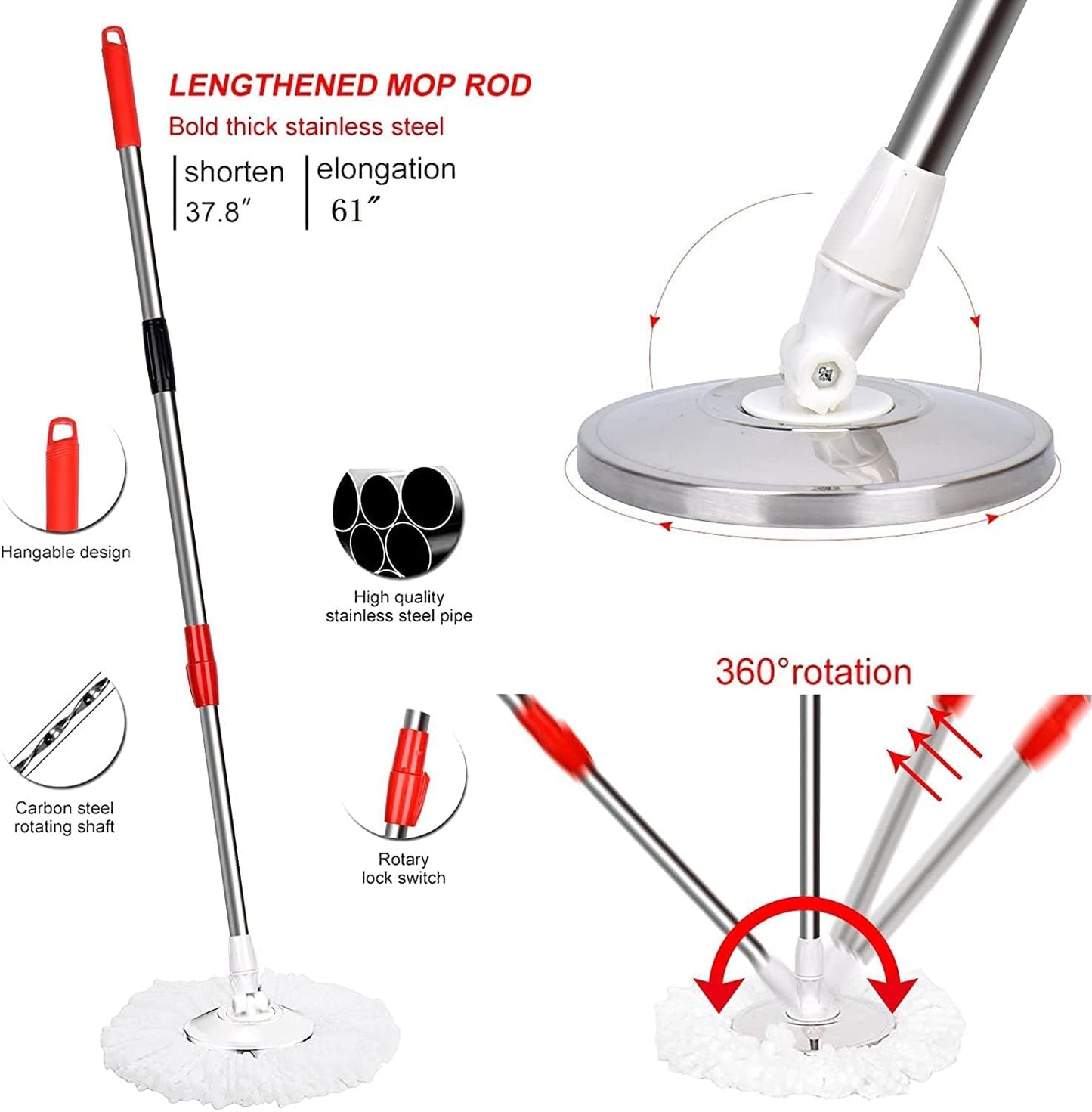 Spin Mop and Bucket with Wringer Set,360° Spin Mop & Bucket Floor Cleaning System Mop Bucket with 61" Adjustable Extended Handle 3 Microfiber Replacement Head Refills