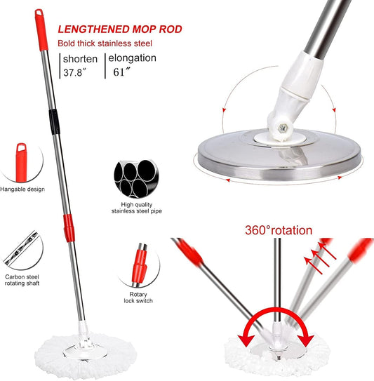 Spin Mop and Bucket with Wringer Set，Mop and Bucket Set for Floor Cleaning with 3 Mop Refills 61 inches Telescoping Rod for Office and Home use