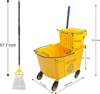 KeFanta 35 Quart Commercial Mop Bucket with Side Press Wringer on Wheels,Yellow,Include Heavy Duty Industrial Mop for Floor Cleaning,Household,Business,Restaurants and Janitorial Use
