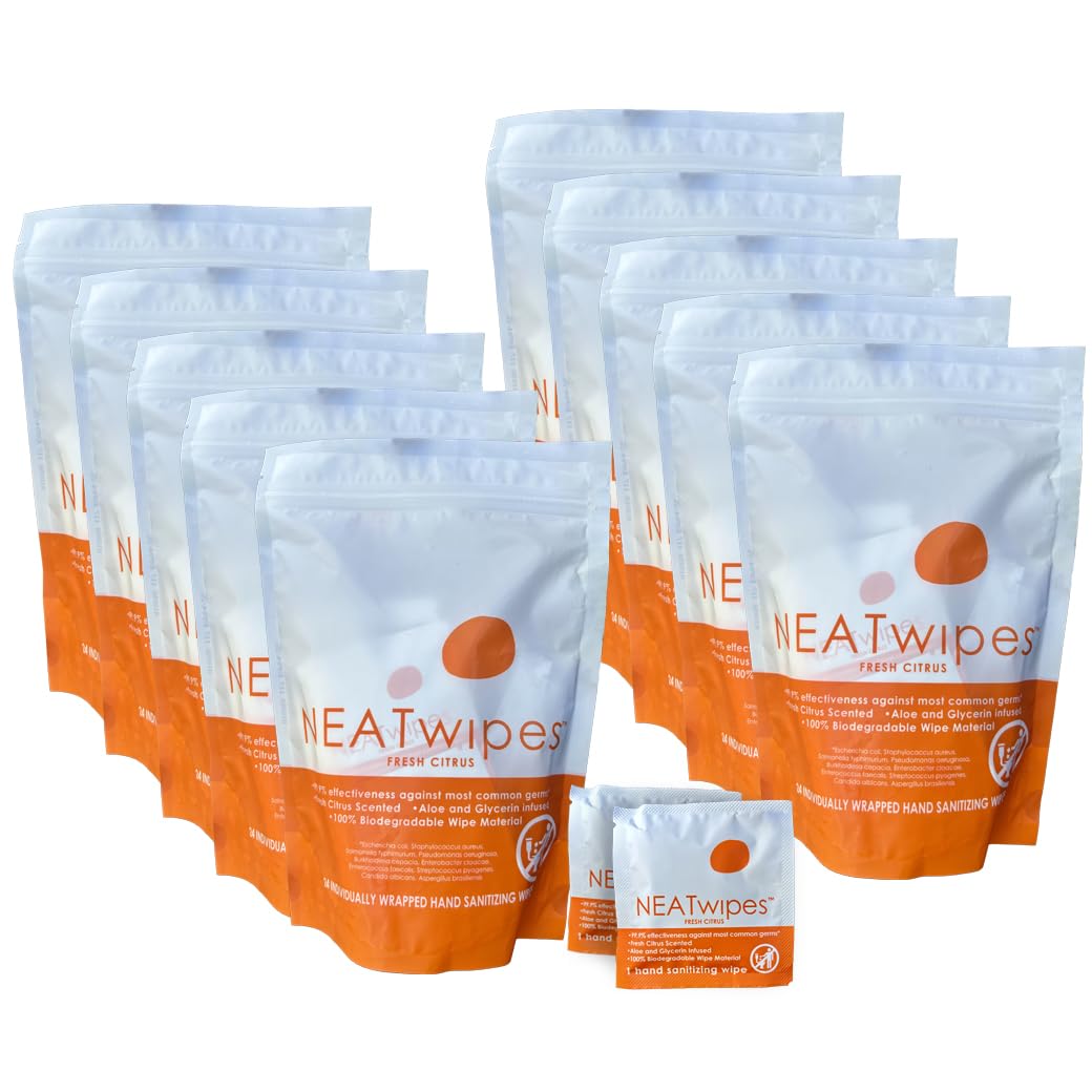 NEATwipes Hand Sanitizing Wipes | Travel Size | Disposable Wet Wipe & Planet Friendly | Lavender Essential Oil & Soothing Aloe | 24 Individually Wrapped Wipes per Package