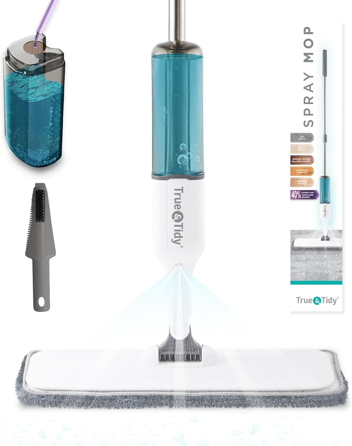 True & Tidy® SPRAY-250 Multi-Surface Spray Mop with 490ml Refillable Water Bottle for Floor Cleaning, Works on Wood, Tile, Marble etc, Use Any Cleaning Solution, Machine Washable Microfiber Mop Pads