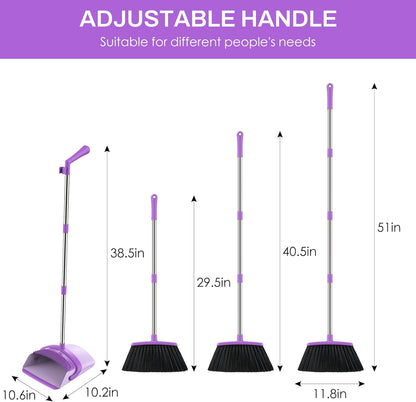 Broom and Dustpan Set for Home, 51-in Long Adjustable Handle Angle Broom and Dustpan Combo Set with Dust Pan Teeth to Clean Hair for Home Kitchen Office Lobby Floor Garden (Black&White)