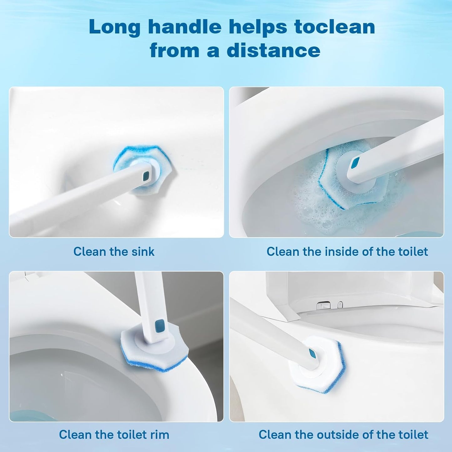 Disposable Toilet Brush Set with Holder, White and Blue, Includes 16 Cleaning Refills (1+16 Refills)