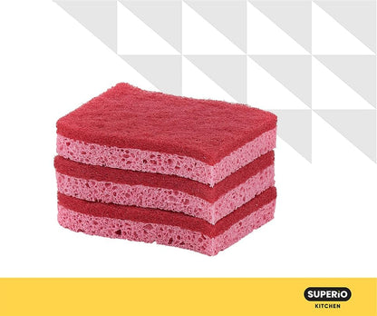 Non-Scratch Cellulose Sponge Kitchen Scrub Sponge with Scouring Pad Set, Good for Non-Stick Cookware Frying Pan, Pot, Counter Top, Sink Scrubbing, Kitchen Scrubbers, Pack of 2, (Red/Pink)