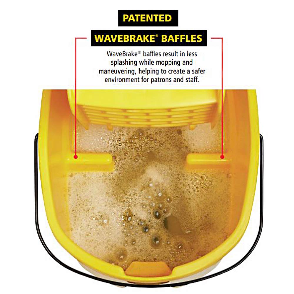 Rubbermaid Commercial Products WaveBrake 44 QT Side-Press Mop Bucket and Wringer Combo on Wheels with Foot Drain Yellow for Heavy-Duty Floor Cleaning