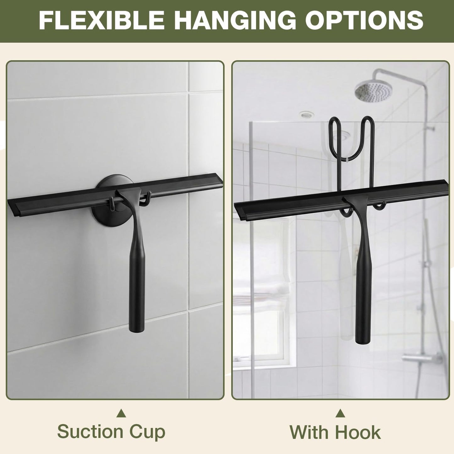 FARMER Shower Squeegee for Glass Doors, 10-Inch Glass Squeegee for Windows, Car Glass and Mirrors, Multi-Purpose Stainless Steel Squeegee with Suction Wall Hook and Over Door Hook, Silver