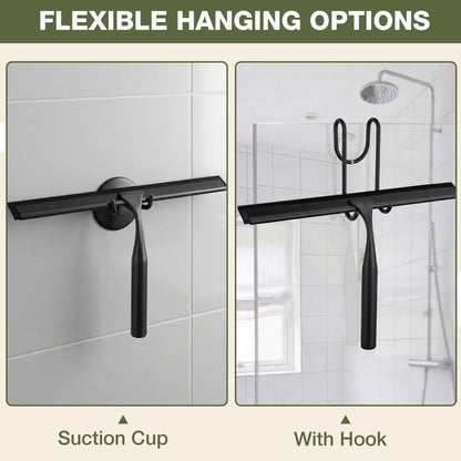 FARMER Shower Squeegee for Glass Doors, 10-Inch Glass Squeegee for Windows, Car Glass and Mirrors, Multi-Purpose Stainless Steel Squeegee with Suction Wall Hook and Over Door Hook, Silver