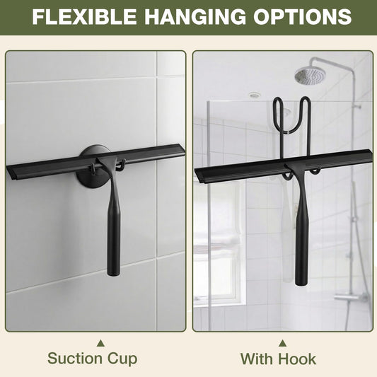 FARMER Shower Squeegee for Glass Doors, 10-Inch Glass Squeegee for Windows, Car Glass and Mirrors, Multi-Purpose Stainless Steel Squeegee with Suction Wall Hook and Over Door Hook, Silver