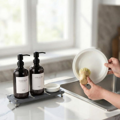 2 Pack Kitchen Soap Dispenser Set - 16oz Amber Glass Dish and Hand Soap Dispenser with Stainless Steel Pump, Instant Dry Tray, Dish Brush & Holder, Refillable Countertop Sink Decor for Kitchen & Bath