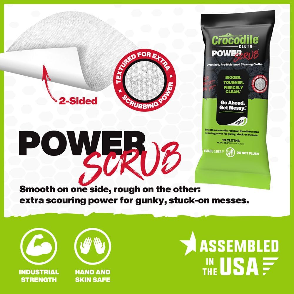 Crocodile Cloth PowerSCRUB Cleaning Wipes – 80 (15" x 10") Dual-Surface Cloths, Heavy-Duty, Moist, Absorbent, & Disposable - Safe on Skin & Multiple Surfaces