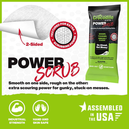 Crocodile Cloth PowerSCRUB Cleaning Wipes – 80 (15" x 10") Dual-Surface Cloths, Heavy-Duty, Moist, Absorbent, & Disposable - Safe on Skin & Multiple Surfaces