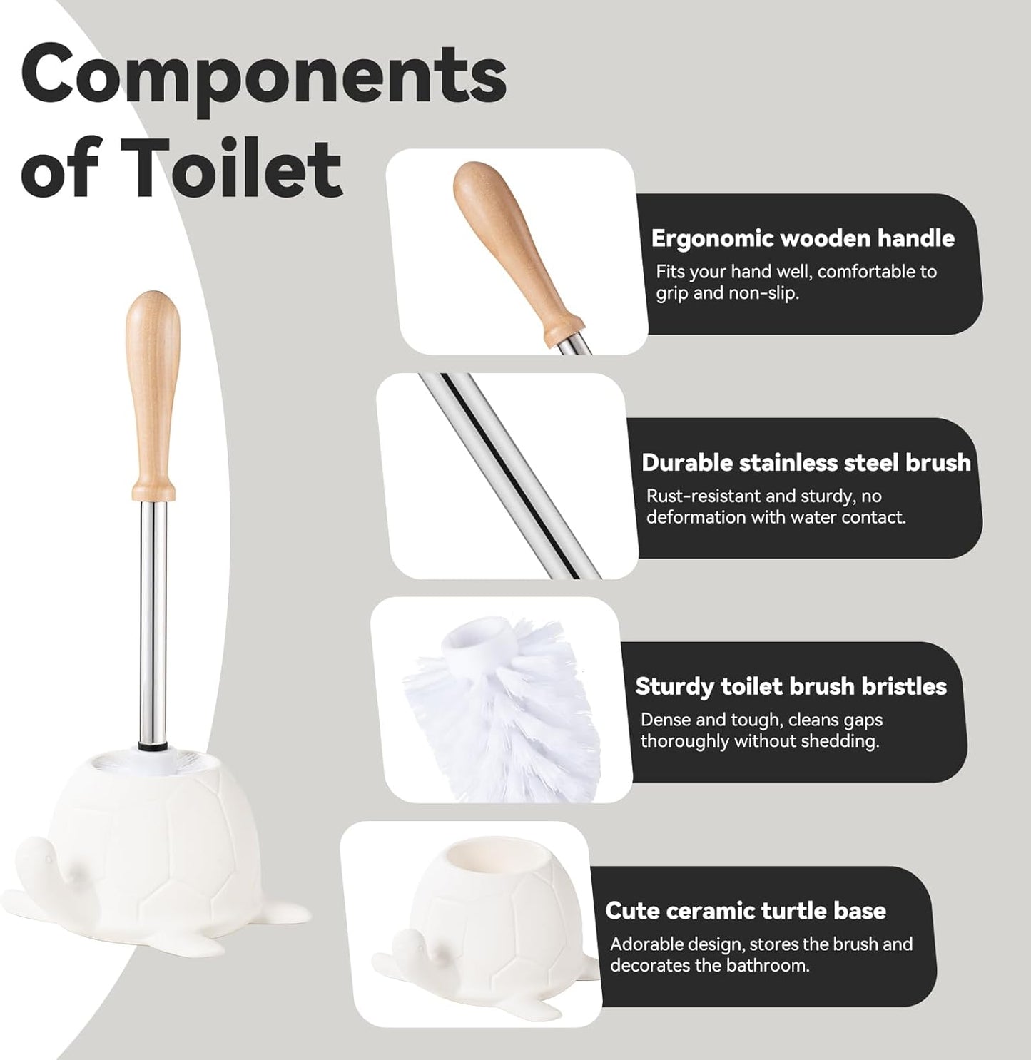 Turtle Base Toilet Brush Set - Gold Ceramic Toilet Scrubber Brush 7.5” Bowl Cleaner with Ergonomic Handle, Mini Cute Bathroom Cleaning Brush - Bathroom Decor