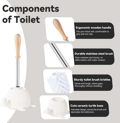 Turtle Base Toilet Brush Set - Gold Ceramic Toilet Scrubber Brush 7.5” Bowl Cleaner with Ergonomic Handle, Mini Cute Bathroom Cleaning Brush - Bathroom Decor
