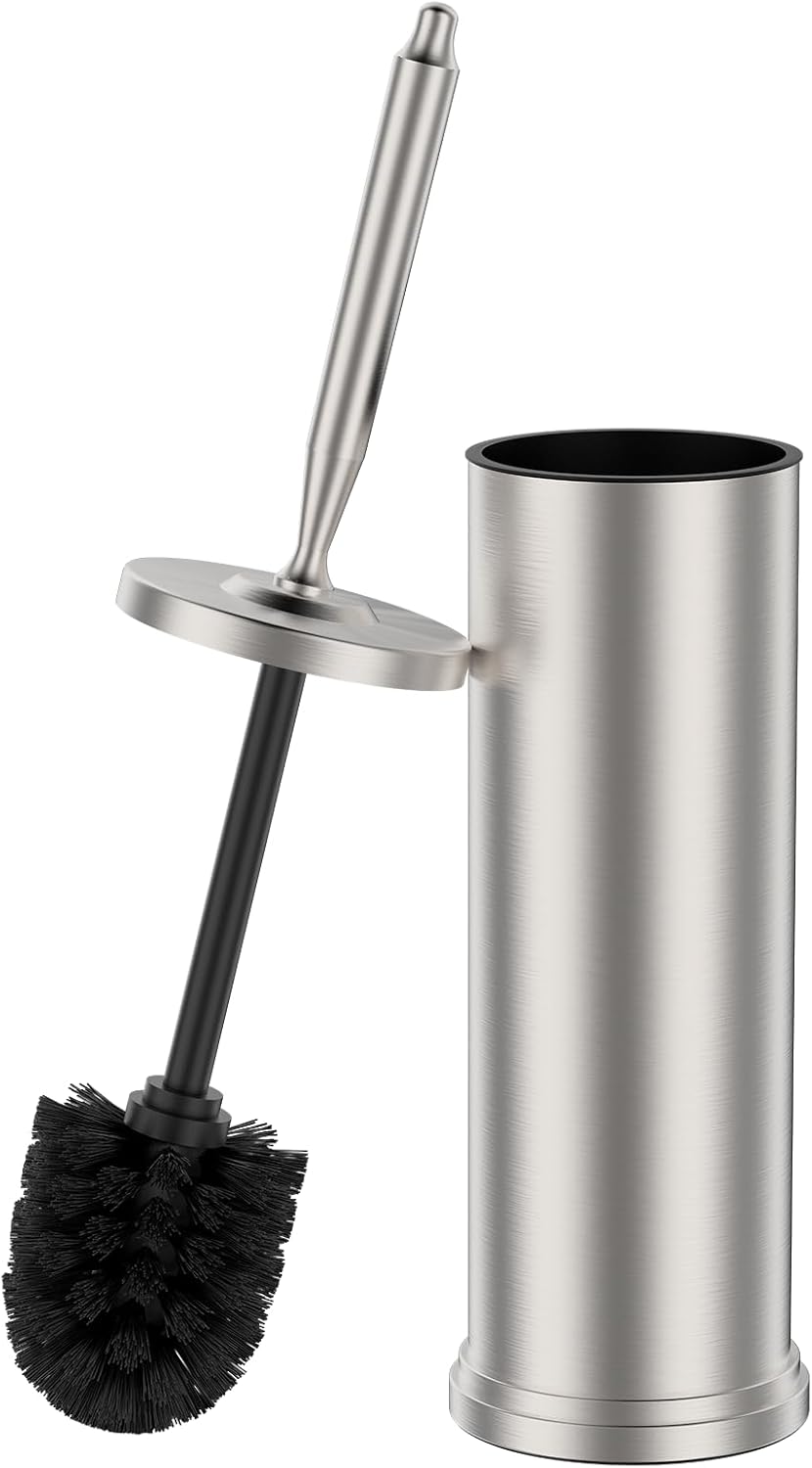 Premium 304 Stainless Steel Toilet Brush and Holder: Weighted Stable Base, Removable Inner Tube, Splash-Proof Design for 360° Thorough Cleaning & Space-Saving Storage,Nickel