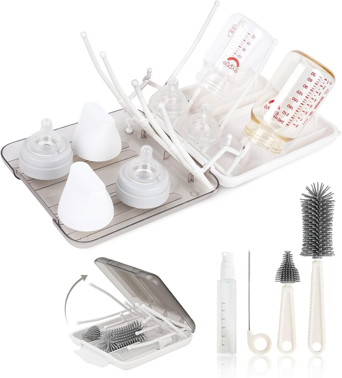 Baby Bottle Brush Set, 6-in-1 Travel Bottle Cleaner Kit with Silicone Bottle Brush, Nipple & Straw Brush, Soap Dispenser, Drying Rack, Storage Box – Compact Baby Travel Essential for Home & On-The-Go