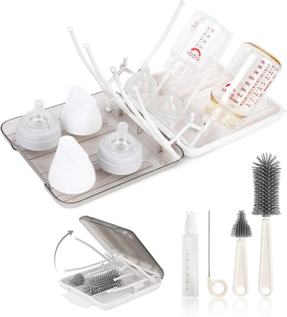 Baby Bottle Brush Set, 6-in-1 Travel Bottle Cleaner Kit with Silicone Bottle Brush, Nipple & Straw Brush, Soap Dispenser, Drying Rack, Storage Box – Compact Baby Travel Essential for Home & On-The-Go