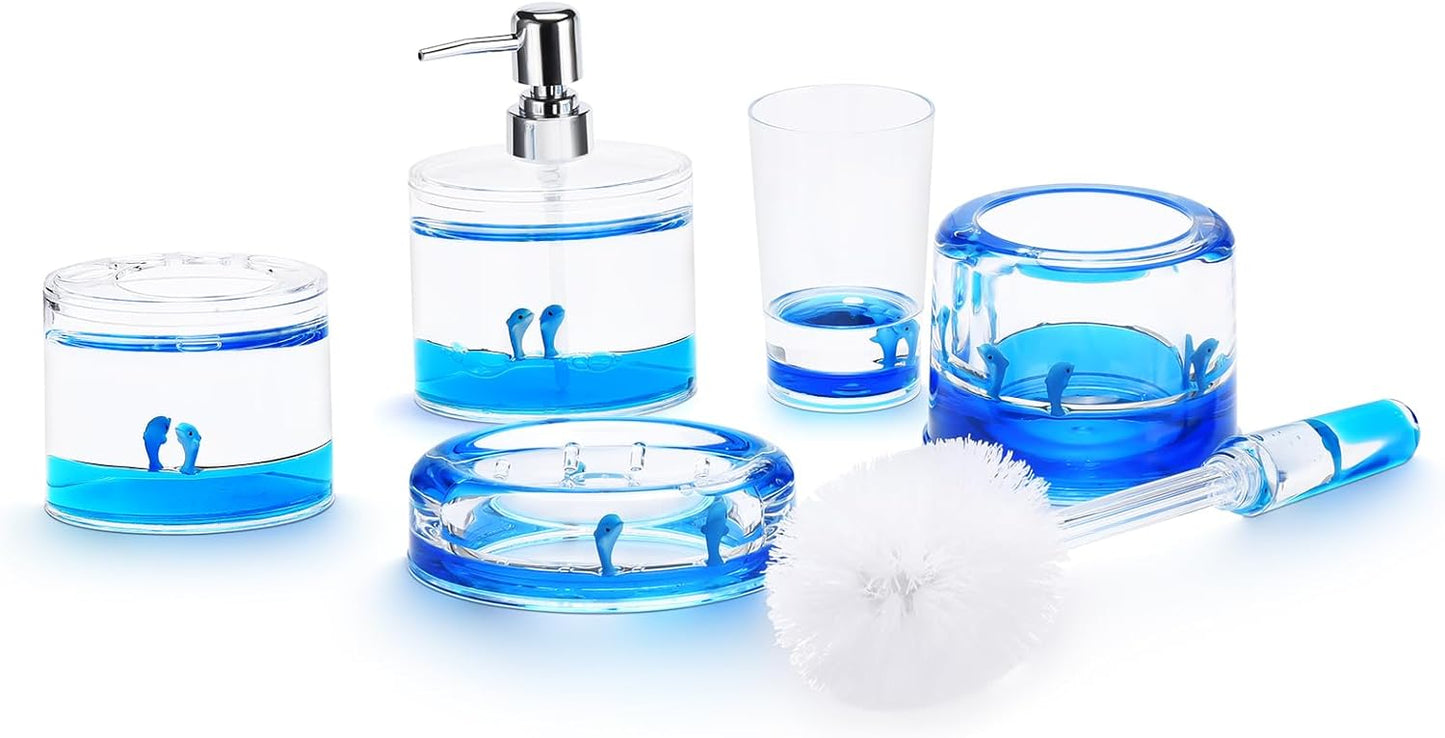 Locco Decor 5 Piece Acrylic Liquid 4D Floating Motion Bathroom Vanity Accessory Set Garden Botanic Green Plants Toothbrush Holder, Tumbler, Soap Dispenser, Soap Dish, Toiletbrush Holder Set