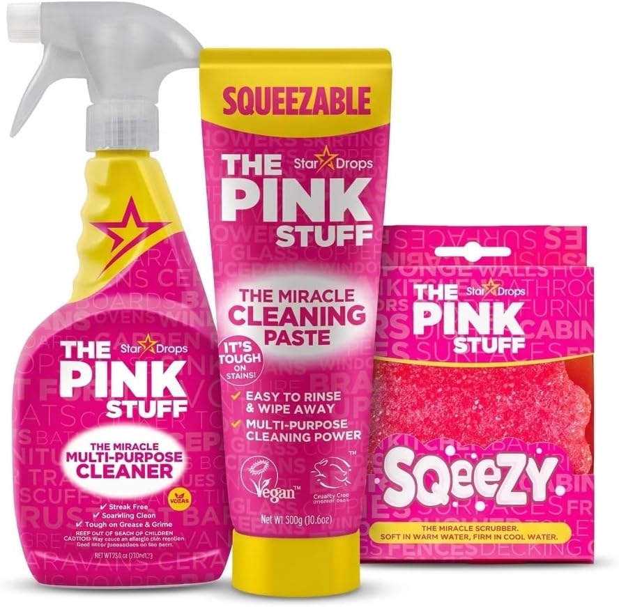 Stardrops The Pink Stuff Miracle Multi Purpose Cleaner Spray, Squeezable Cleaning Paste & SQeeZY Scrubber Sponge | Multi Surface Household Cleaning Kit for Kitchen, Bathroom, Tiles & Appliances