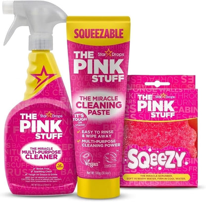 Stardrops The Pink Stuff Miracle Multi Purpose Cleaner Spray, Squeezable Cleaning Paste & SQeeZY Scrubber Sponge | Multi Surface Household Cleaning Kit for Kitchen, Bathroom, Tiles & Appliances