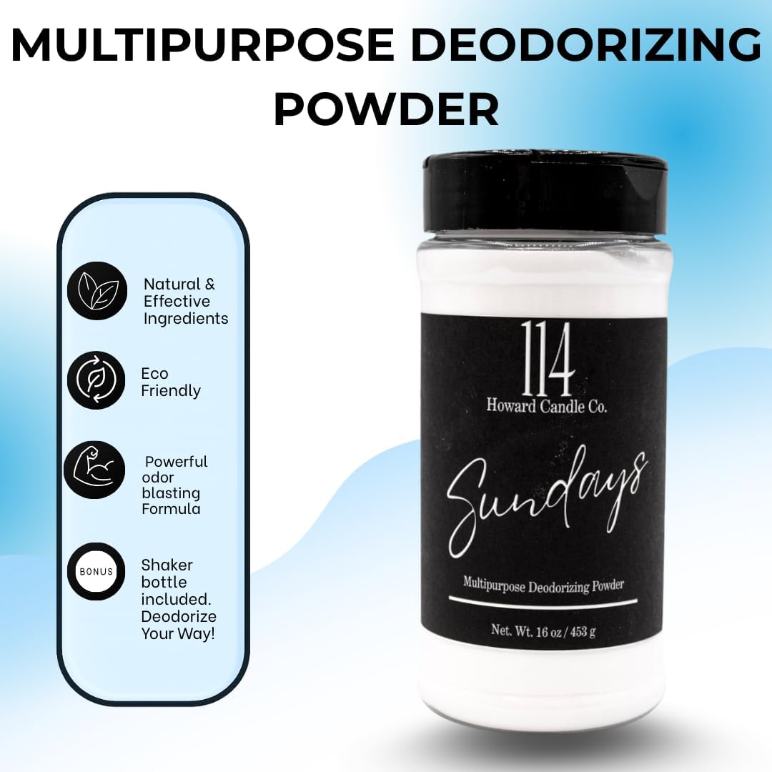Carpet Deodorizer & Freshener Powder - Upholstery, Couch & Rug Odor Eliminator for Strong Odor & Pet Urine | Baking Soda Formula | Sundays Scent | Safe for Kids & Pets | 1-1-4 Howard Candle Co.