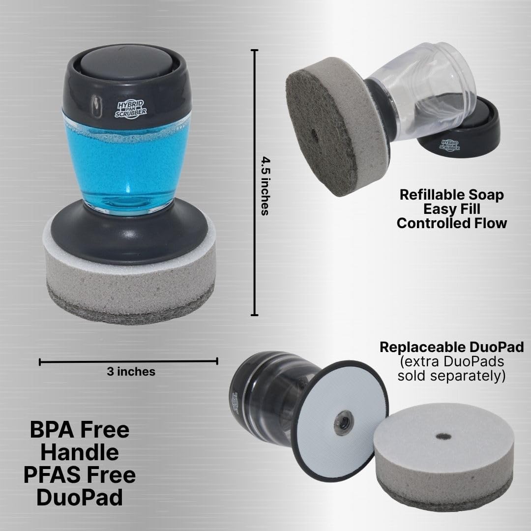 Stainless Steel & Hybrid Cookware Scrub & Polisher with Soap-Dispensing Handle, Dual-Layer DuoPad & Drydock Tray. Refillable, Ergonomic, Safe for All Hybrid and Stainless Steel cookware.