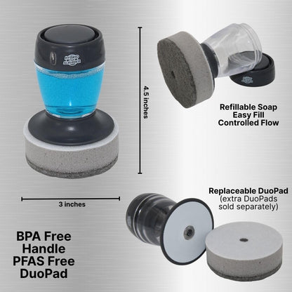 Stainless Steel & Hybrid Cookware Scrub & Polisher with Soap-Dispensing Handle, Dual-Layer DuoPad & Drydock Tray. Refillable, Ergonomic, Safe for All Hybrid and Stainless Steel cookware.