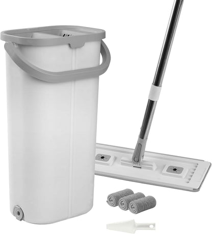 Happybuy Mop and Bucket with Wringer Set, Wet & Dry Use, Flat Mop with Stainless Steel Handle, 3 Washable Microfiber Pads, Mop Bucket for Hardwood, Tile, and Vinyl Floors