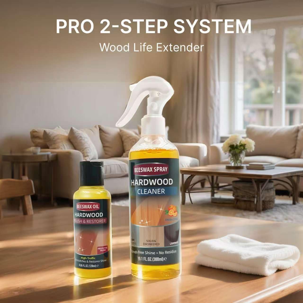 MOODTALK Furniture Polish Kit: Wood Cleaner Spray & Nourishing Care Oil – For Floors, Kitchen Tables, Desks & All Home Wood Furniture (300ml+120g)