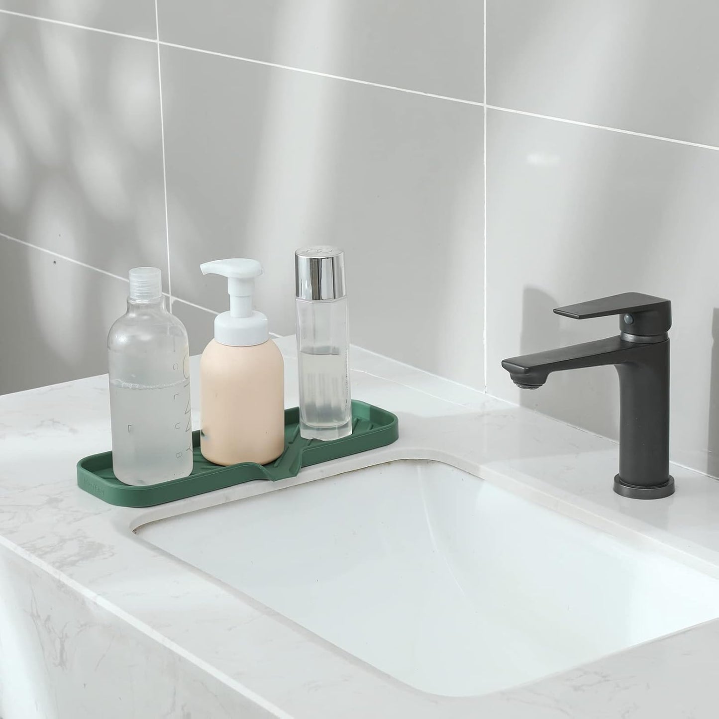 MicoYang Silicone Bathroom Soap Dishes with Drain Spout-Bathroom and Kitchen Sink Organizer,Sponge Holder,Dish Soap Tray,Perfect for Dispenser,Scrubber,Bottle,Cup on Sink or Counter-Black 4.9"×3.2"