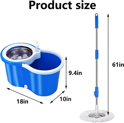 Spin Mop and Bucket with Wringer Set,for Floor Cleaning,with Floor Scrub Brush,61" Adjustable Handle and 6 Microfiber Mop Head(White)