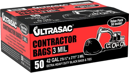 Ultrasac Heavy Duty Contractor Bags (VALUE 50 PACK/w TIES), 42 Gallon, 32.75" X 47" - 3 MIL Thick Large Black Industrial Garbage Trashbags for Construction and Commercial use
