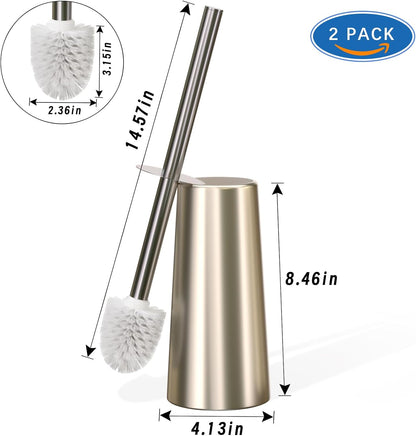 2 Pack Toilet Brush and Holder-with 304 Stainless Steel Long Handle-Toilet Bowl Brush for Bathroom (Champagne Gold)
