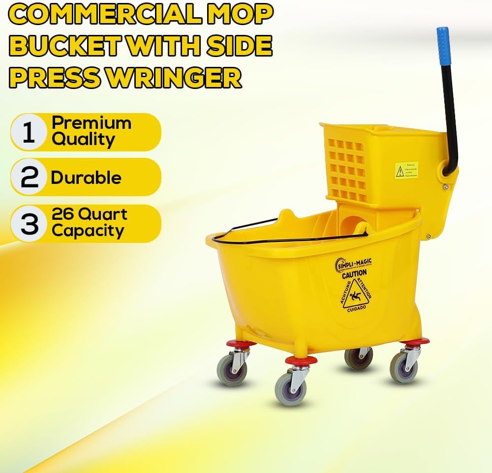 Simpli-Magic 79358 Commercial Mop Bucket with Side Press Wringer, 26 Quart, 14.75"L x 12.95"W x 19.95"H, Yellow