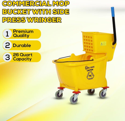 Simpli-Magic 79358 Commercial Mop Bucket with Side Press Wringer, 26 Quart, 14.75"L x 12.95"W x 19.95"H, Yellow