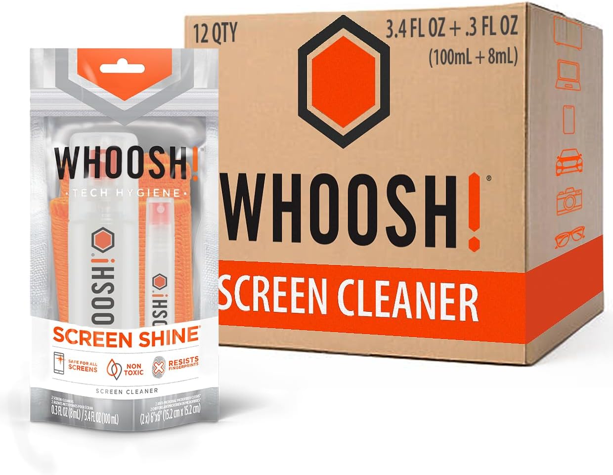 WHOOSH! Screen Shine Duo XL - Screen Cleaner Spray and Wipe for Eyeglasses, Phone & Laptop - Removes Fingerprints - Includes 3.4 oz + 1 oz Leak-Free Bottles & 2 Microfiber Cloths for Home & Travel