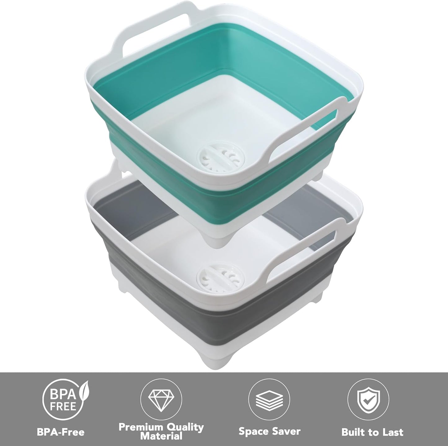 2 Pack Dishpan for Washing Dishes, 2.4Gal/9L Wash Basin with Draining Plug Carry Handles, Collapsible Bucket for Cleaning, Portable Sink, Foldable Plastic Tub