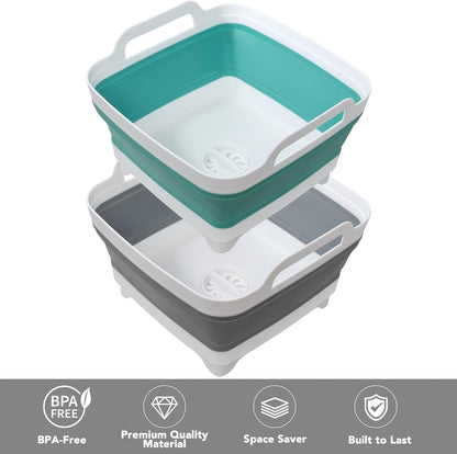 2 Pack Dishpan for Washing Dishes, 2.4Gal/9L Wash Basin with Draining Plug Carry Handles, Collapsible Bucket for Cleaning, Portable Sink, Foldable Plastic Tub