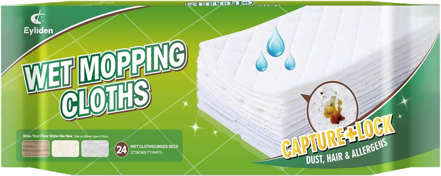 Eyliden 24 Count Wet Mop Pads Refills, Pre-Moistened Floor Cleaning Disposable Pads with Cleaner for 10 inch Sweeper Mops, Safe for Hardwood Laminate Tile Vinyl and Linoleum Floors