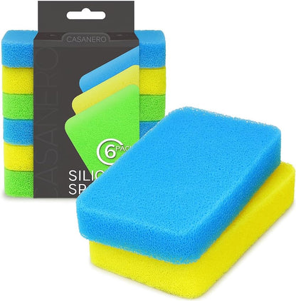 Casanero 6 Pack Silicone Dish Sponges, Heavy Duty Non Scratch Sponges for Dishwashing, Reusable Household Cleaning Sponges for Kitchen, Countertop, Bathroom, Non Stick Cookware or Car