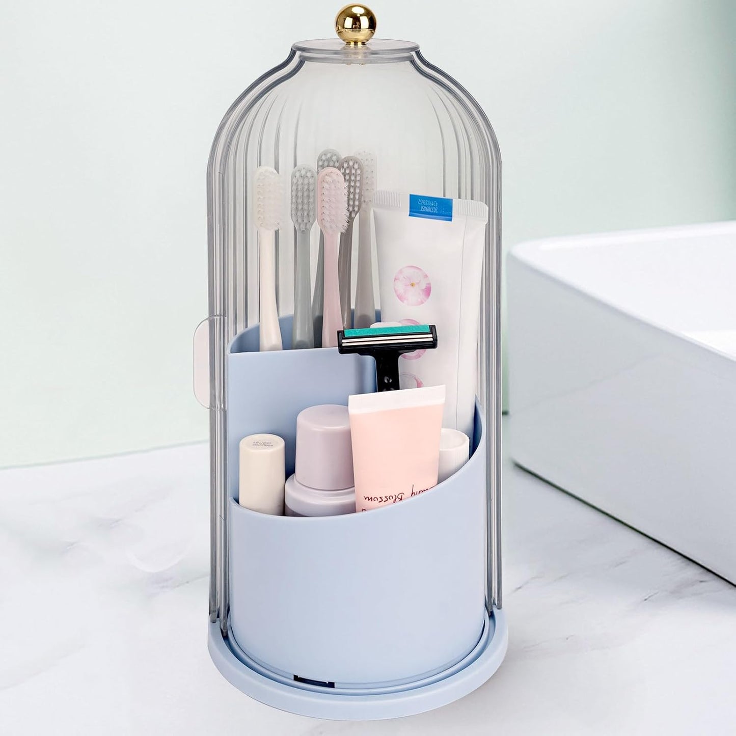QIYVLOS Toothbrush Holders with Sliding Lid, Rotating 3 Slots Bathroom Organizer Countertop, Tooth Brush Toothpaste Holder Bathroom Counter Stand Sink Organizer Caddy for Vanity Makeup Brushes Holder